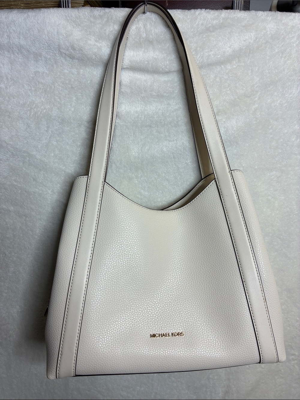 Michael Kors Ivory Pebbled Leather Shoulder Tote with Gold Logo